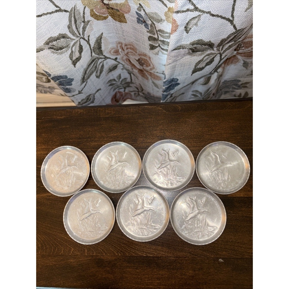 Vtg Round Aluminum Pressed Metal Duck Marsh Scene Coasters 3.25" Tin, Set of 7